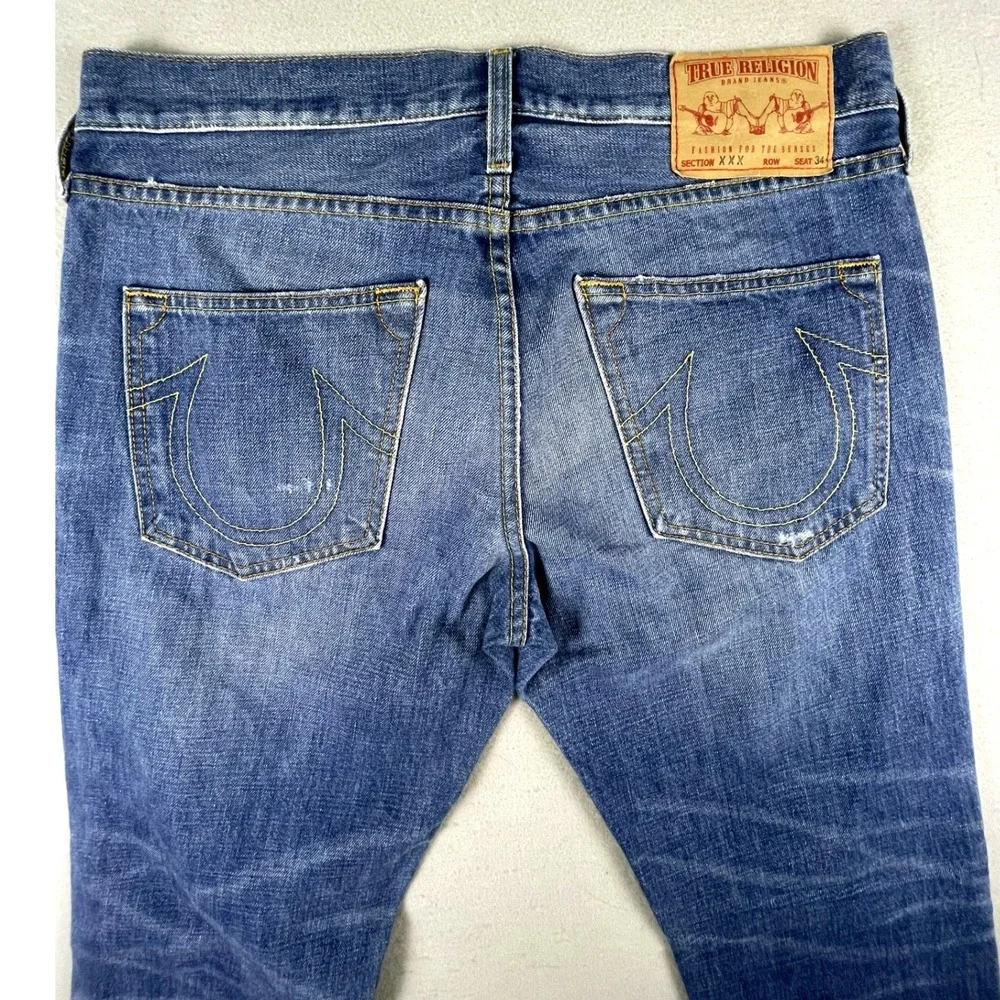 True Religion Jeans Mens 32 Blue Billy Straight Distressed Button Fly Made USA